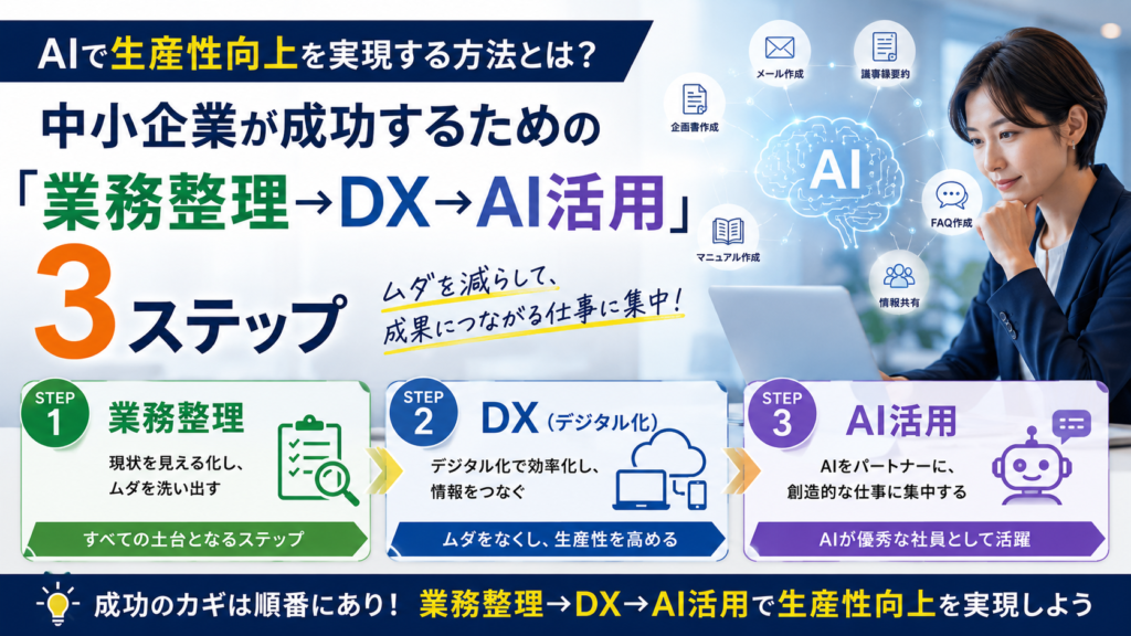 AIで生産性向上を実現する方法とは？中小企業が成功するための「業務整理→DX→AI活用」3ステップ