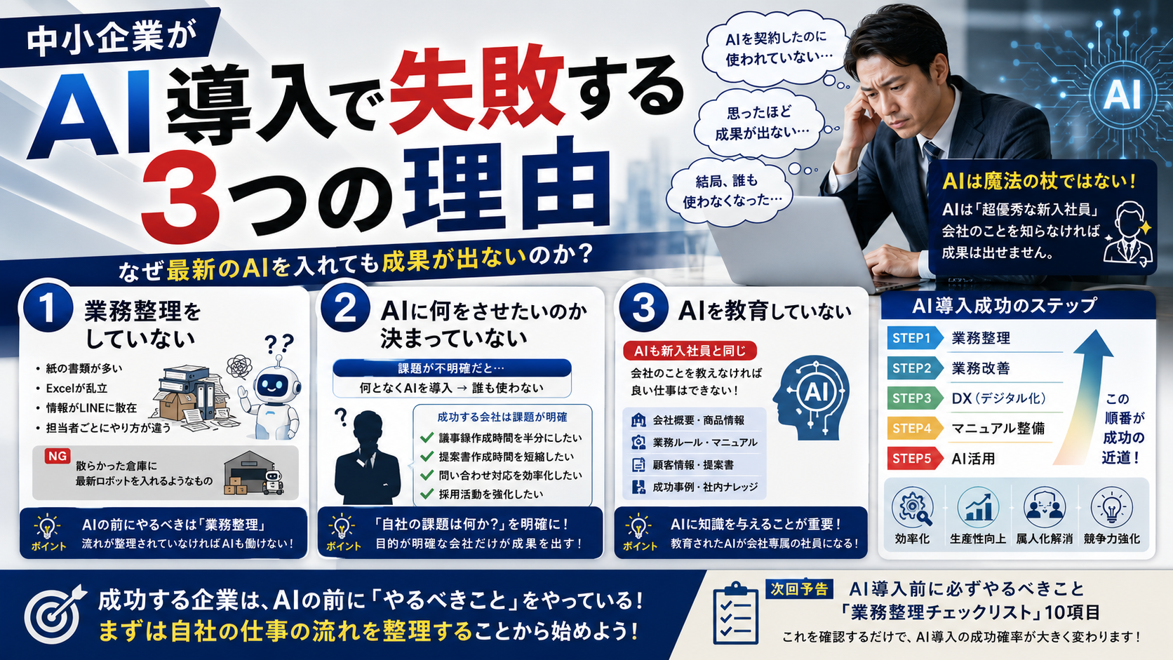 中小企業がAI導入で失敗する3つの理由｜なぜ最新のAIを入れても成果が出ないのか？